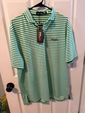 RLX Ralph Lauren Green & White Striped Polo Golf Shirt Men’s Large Brand New
